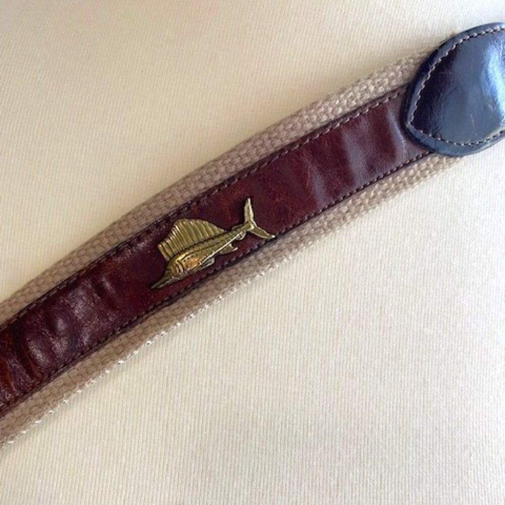 Brighton Belt Brass Fish Embellished Leather Trim Woven Cotton Sz 46